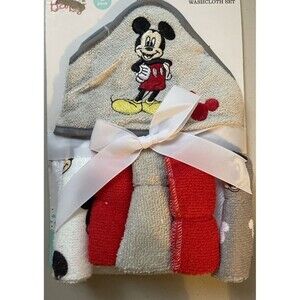 NEW Disney Baby MICKEY MOUSE 6pc Hooded Towel and Washcloth Bath Set